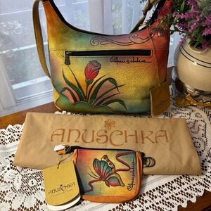 NWT Anuschka Rose & Butterfly Hand-Painted Shoulder Bag & Coin Purse